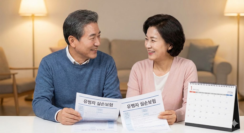 2026년 1월, 60대 노부부가 유병자 실손보험 증권과 달력을 보며 안도하는 모습