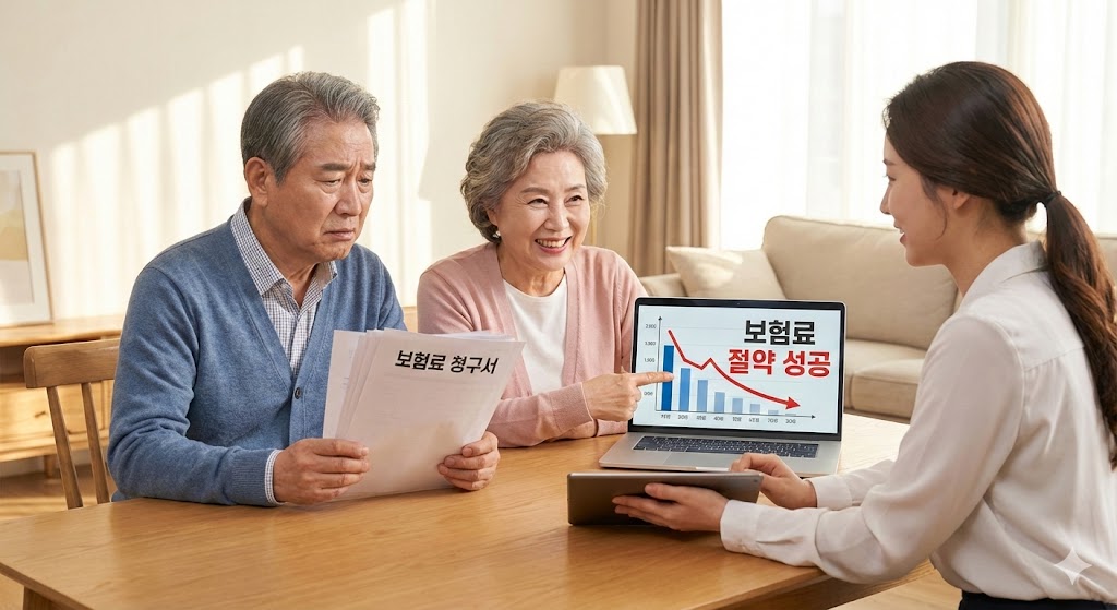 70대 노부부가 자택 식탁에서 보험 설계사와 마주 앉아 상담을 받고 있다. 한쪽에는 '보험료 청구서'라고 적힌 서류 뭉치를 보며 걱정스러운 표정을 짓고 있지만, 다른 한쪽에서는 설계사가 보여주는 태블릿 화면의 '보험료 절약 플랜' 그래프를 보며 안도하고 희망에 찬 미소를 짓고 있다. 따뜻하고 희망적인 분위기.