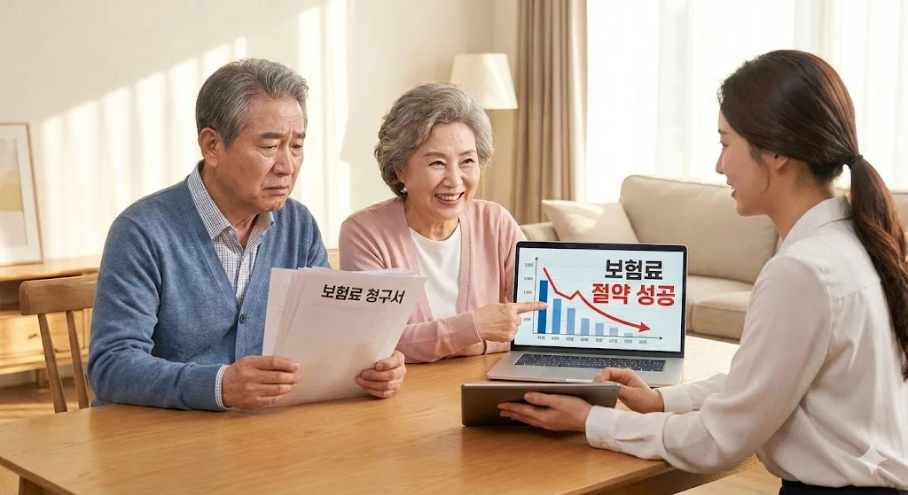 70대 노부부가 자택 식탁에서 보험 설계사와 마주 앉아 상담을 받고 있다. 한쪽에는 '보험료 청구서'라고 적힌 서류 뭉치를 보며 걱정스러운 표정을 짓고 있지만, 다른 한쪽에서는 설계사가 보여주는 태블릿 화면의 '보험료 절약 플랜' 그래프를 보며 안도하고 희망에 찬 미소를 짓고 있다. 따뜻하고 희망적인 분위기.