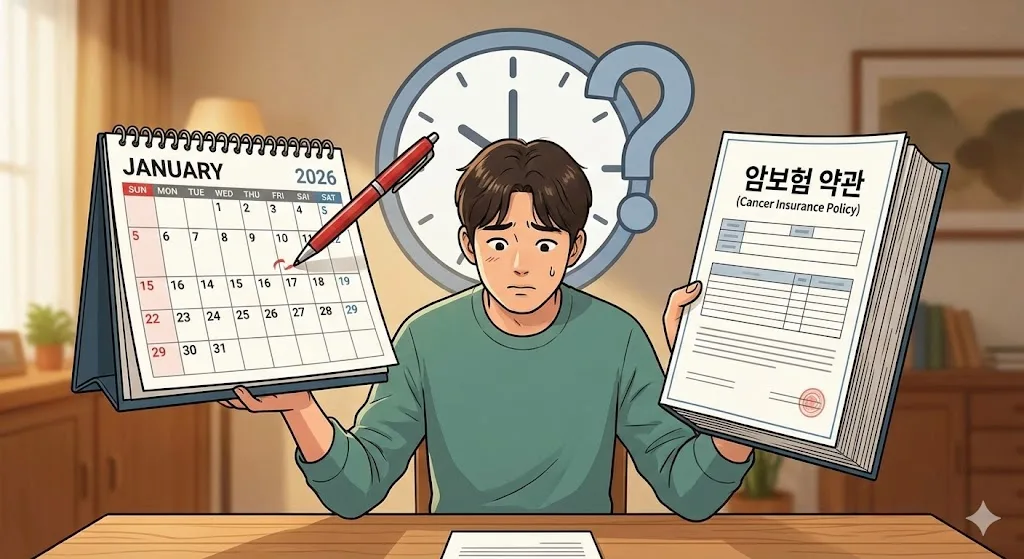 달력과 보험 약관을 보며 암보험의 보장 시작 시점을 고민하는 사람의 모