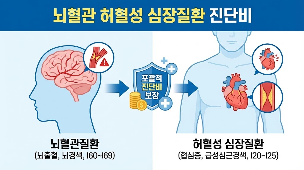 뇌혈관 허혈성 심장질환 진단비 보장 범위 인포그래픽. 왼쪽은 뇌출혈 및 뇌경색(I60~I69)을 포함한 뇌혈관질환, 오른쪽은 협심증 및 급성심근경색(I20~I25)을 포함한 허혈성 심장질환을 나타내며, 이들을 포괄적으로 보장하는 진단비 보험의 개념을 방패와 동전 아이콘으로 시각화한 이미지.