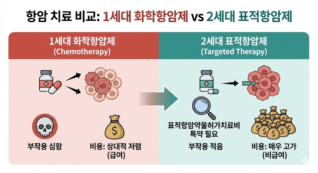 1세대 화학항암제와 2세대 표적항암제의 치료 원리 및 비용 차이 비교 인포그래픽