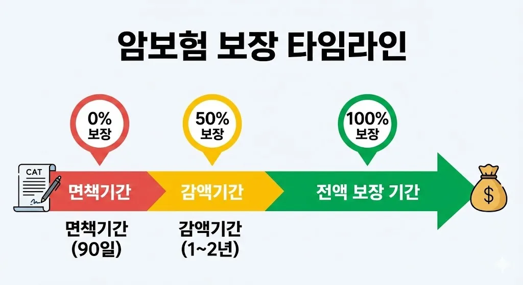 암보험 가입 시점부터 면책기간, 감액기간, 전액 보장 기간으로 이어지는 타임라인 인포그래픽