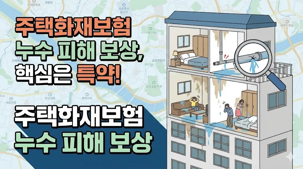 주택화재보험 누수 피해 보상의 핵심은 특약임을 알리는 문구와 함께, 아파트 배관 누수로 인해 위아래 층 주민이 고통받는 모습을 묘사한 일러스트.