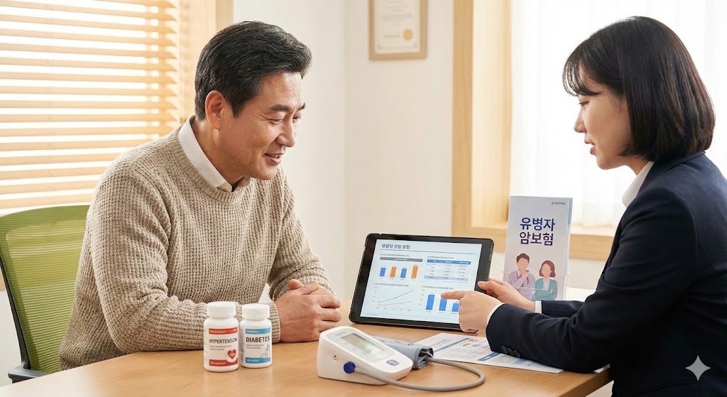 고혈압과 당뇨 약을 복용 중인 중년 남성이 전문 보험 상담사와 암보험 가입을 상담하는 모습
