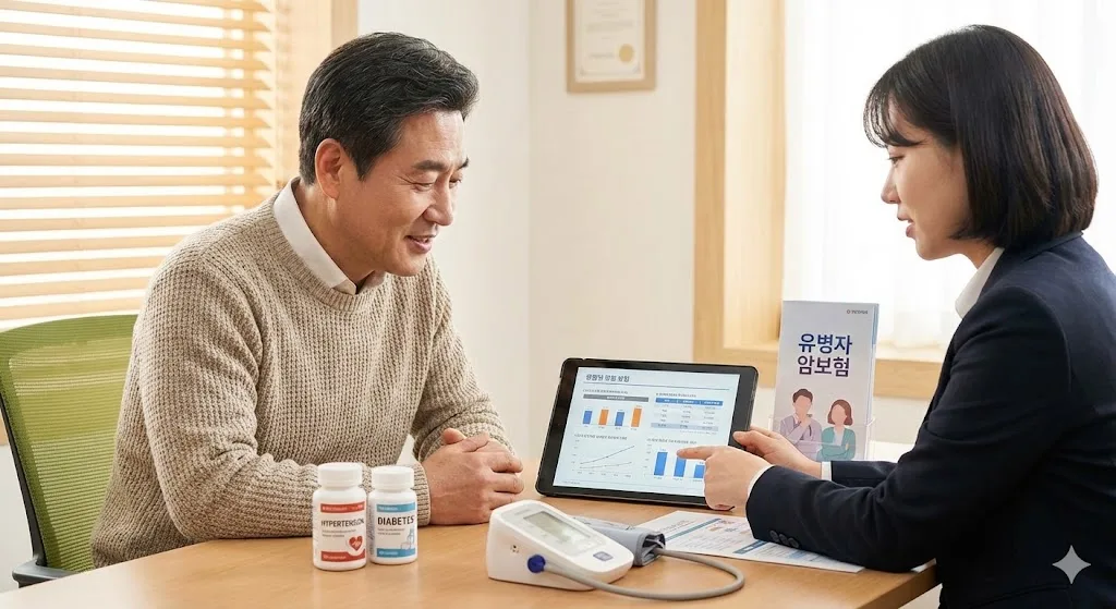 고혈압과 당뇨 약을 복용 중인 중년 남성이 전문 보험 상담사와 암보험 가입을 상담하는 모습