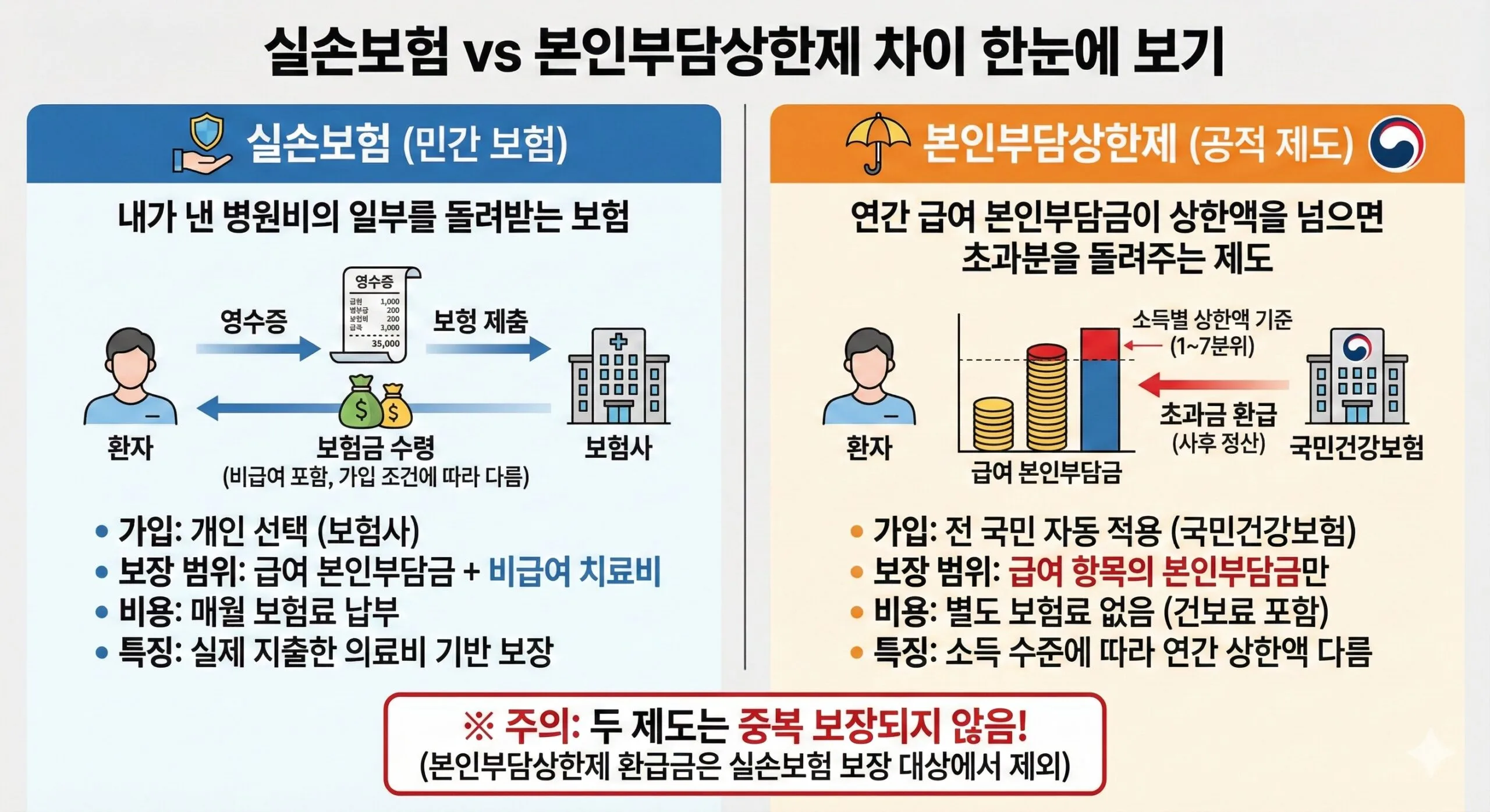실손보험과 본인부담상한제 차이 비교 - 대상 항목과 지급 기관 다름