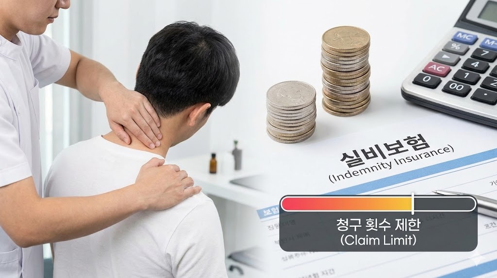 도수치료를 받는 환자의 모습과 실비보험 증권, 동전, 계산기, 그리고 청구 횟수 제한 그래픽이 함께 있는 이미지