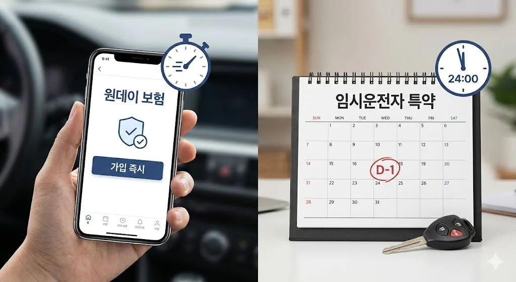 원데이 자동차보험의 스마트폰 즉시 가입 화면과 임시운전자 특약의 달력 사전 계획을 보여주는 분할 이미지. 상황별 단기 자동차보험 가입 방법의 차이점을 시각적으로 대조하여 보여주는 블로그 글의 대표 이미지입니다.
