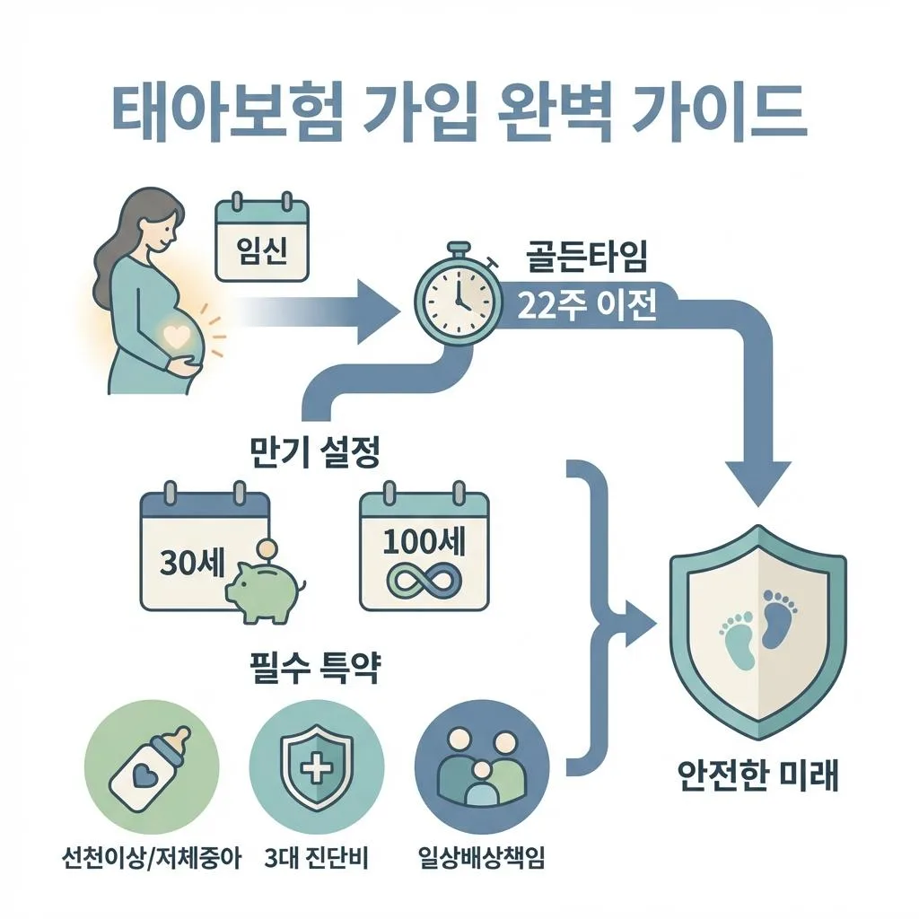 임신 22주 이내에 태아보험을 가입해야 선천성 질환 특약을 넣을 수 있음을 보여주는 가입 시기 타임라인 인포그래픽