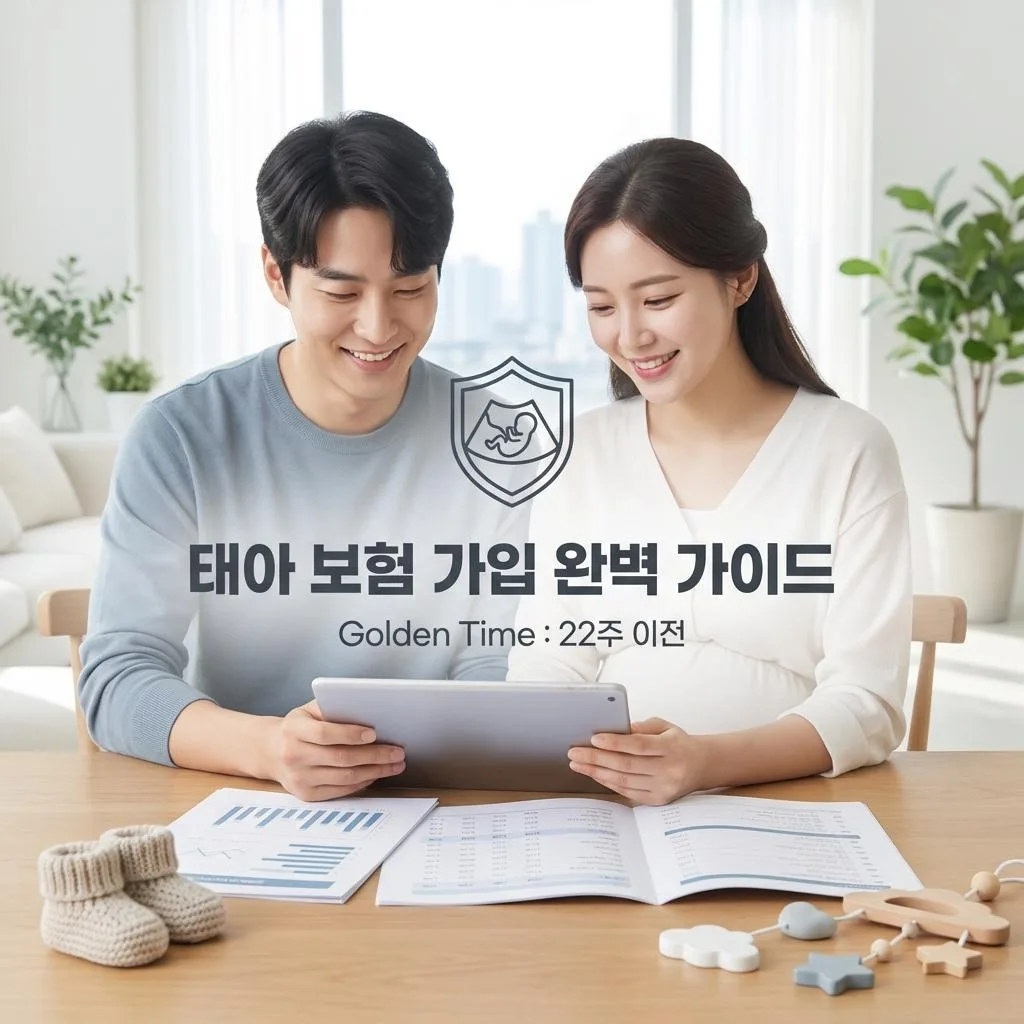 임신부가 태아 초음파 사진과 보험 약관을 살펴보며 태아보험 가입을 고민하는 모습
