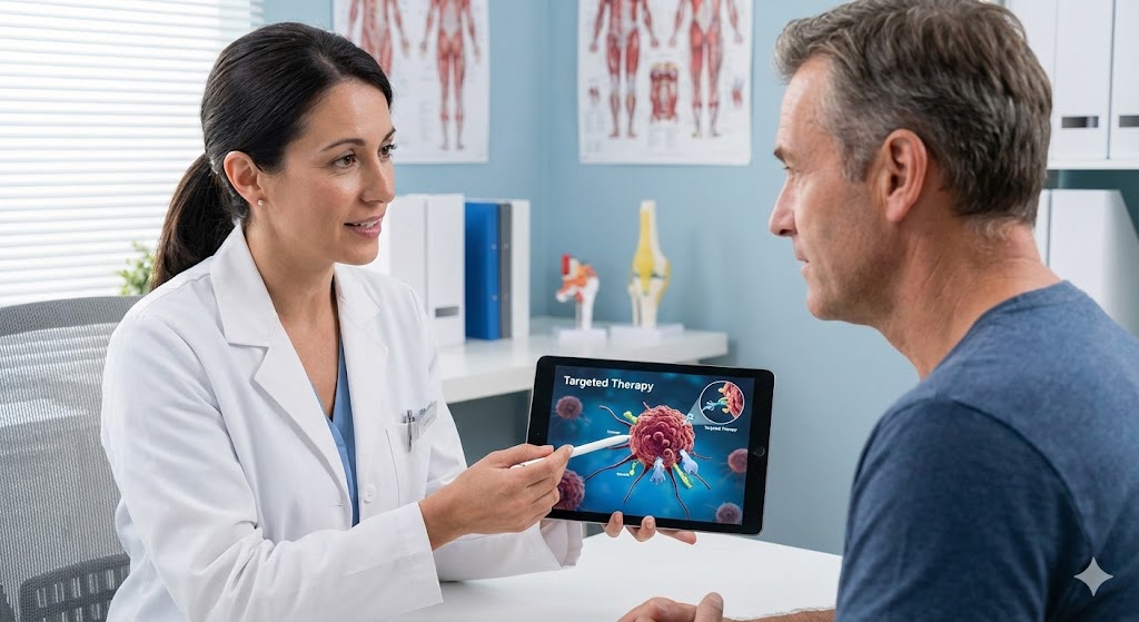 전문의가 환자에게 표적항암제의 작용 기전을 태블릿으로 설명하는 모습