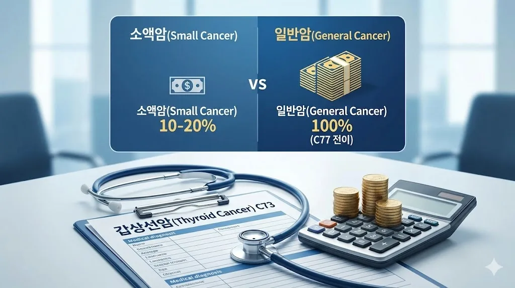 갑상선암(C73) 진단서와 청진기, 계산기 배경 위로 소액암 보험금과 일반암 보험금 지급액을 비교하는 그래프.