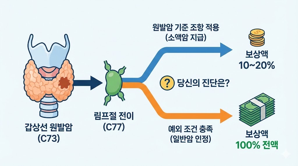 갑상선암이 림프절로 전이(C77)되었을 때 원발암 기준 적용(소액암 지급)과 예외 조건 충족(일반암 전액 지급)으로 나뉘는 과정을 보여주는 인포그래픽.